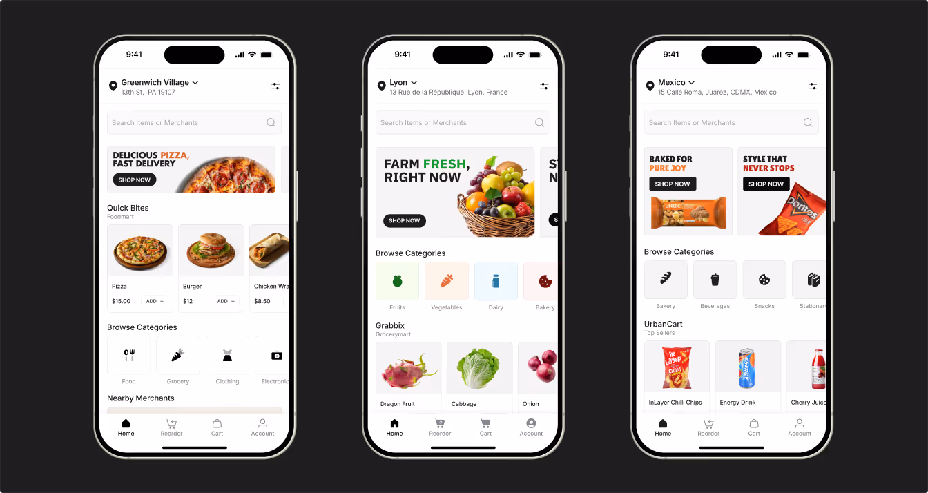Captures de trois applications de commande de repas et de courses sur des téléphones mobiles.