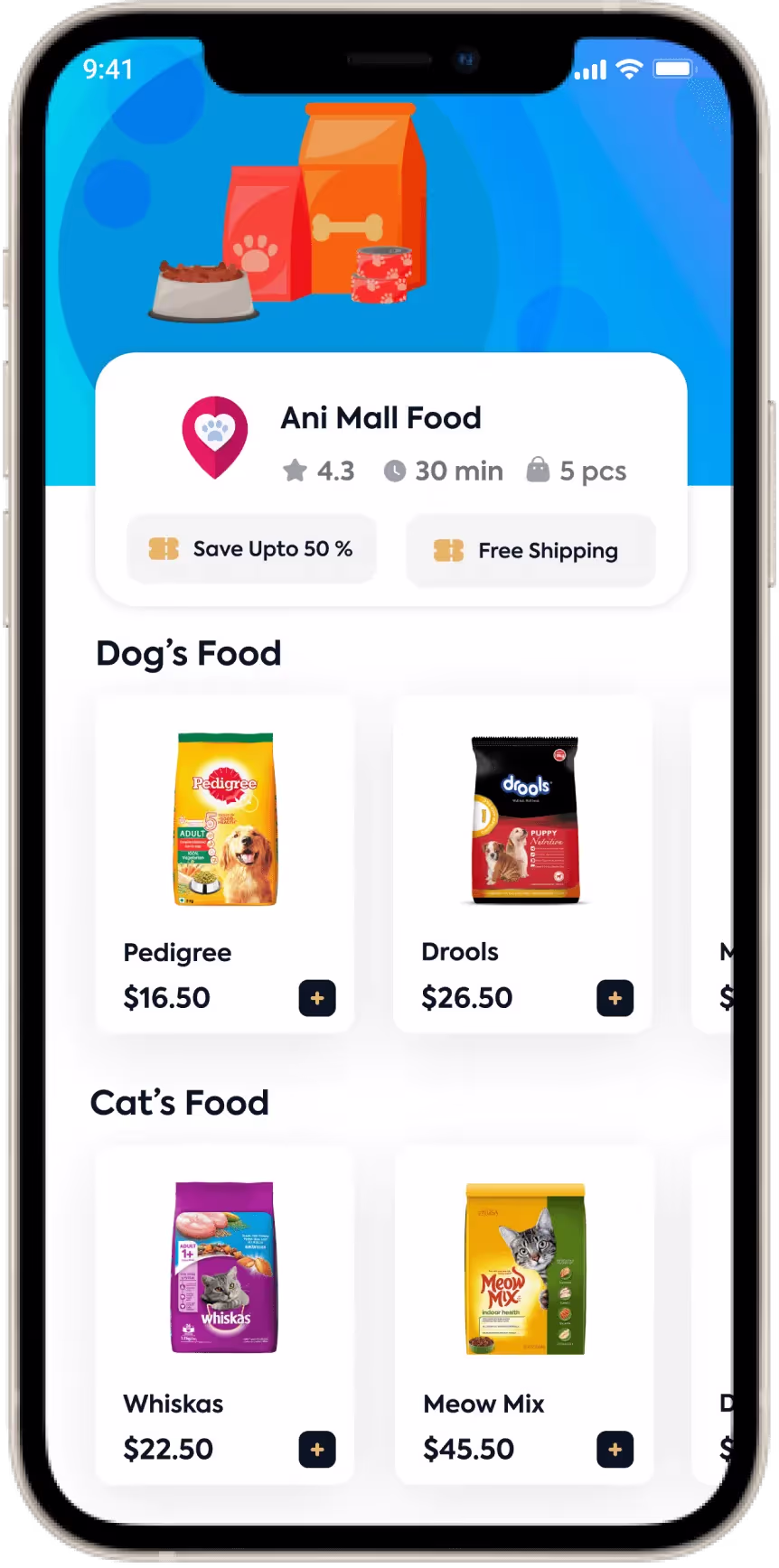 Écran de téléphone de la boutique Ani Mall Food avec des catégories d’aliments pour chiens et chats et des produits.