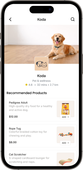 Fiche du magasin Koda avec sa note, les détails de livraison et des articles recommandés pour animaux.