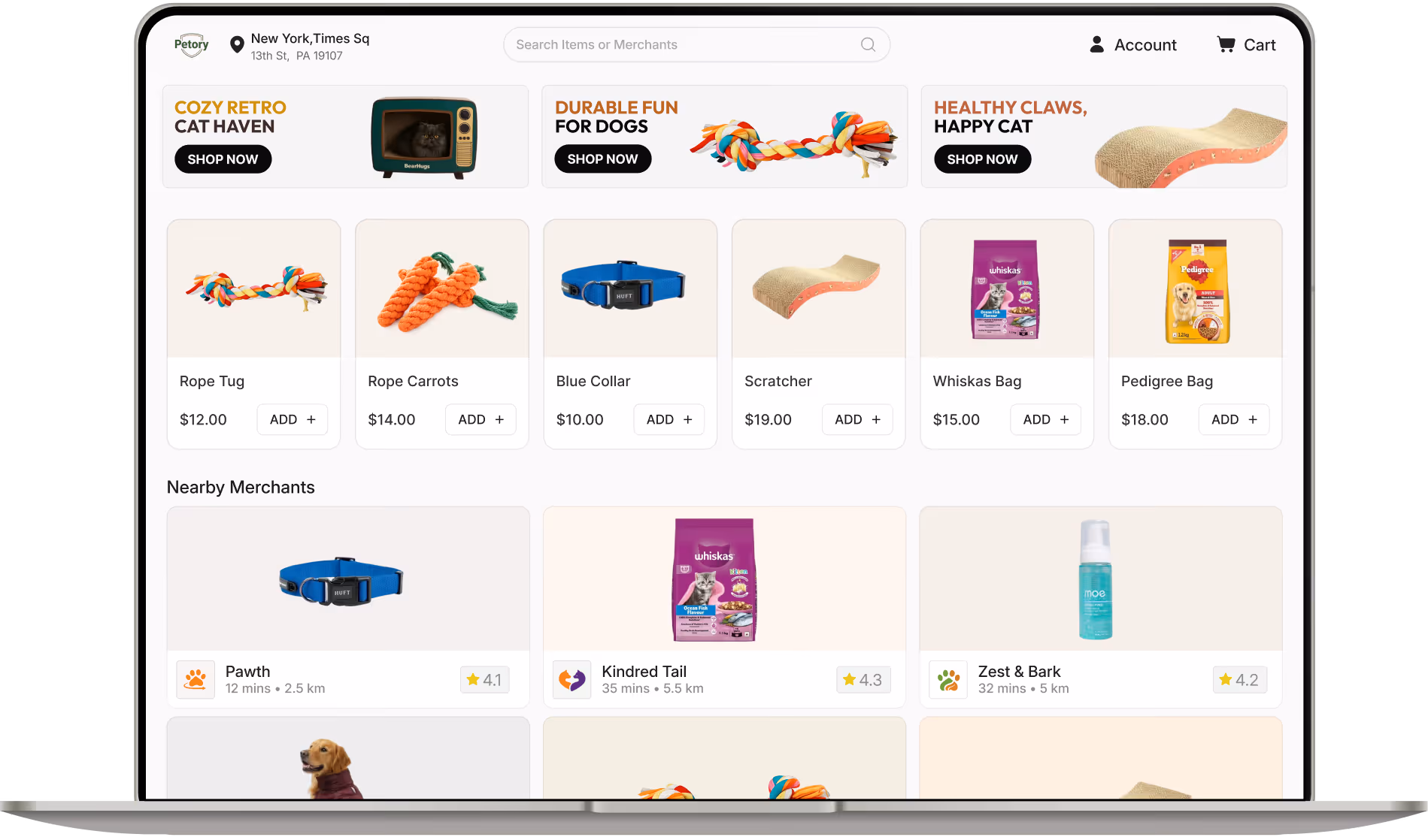 Marketplace multivendeur de produits pour animaux avec des commerces à proximité, leurs distances de livraison et leurs notes.
