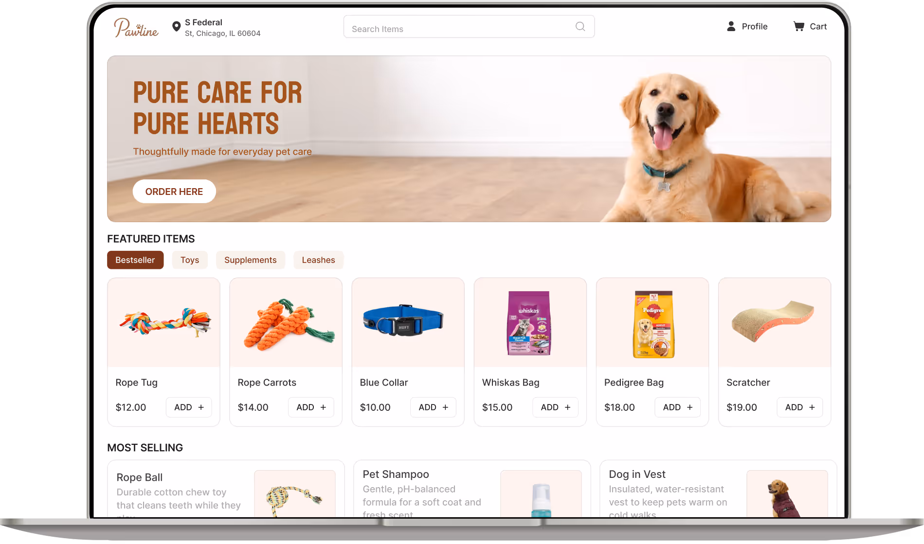 Site web d’une animalerie avec ses produits, ses catégories et ses prix.